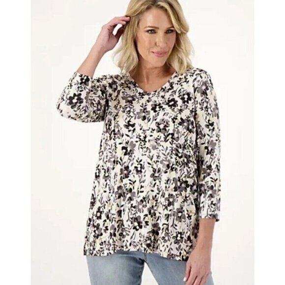 LOGO by Lori Goldstein Rayon 230 Floral Print 3/4 Sleeve Top Neutral,Small - Picture 1 of 1